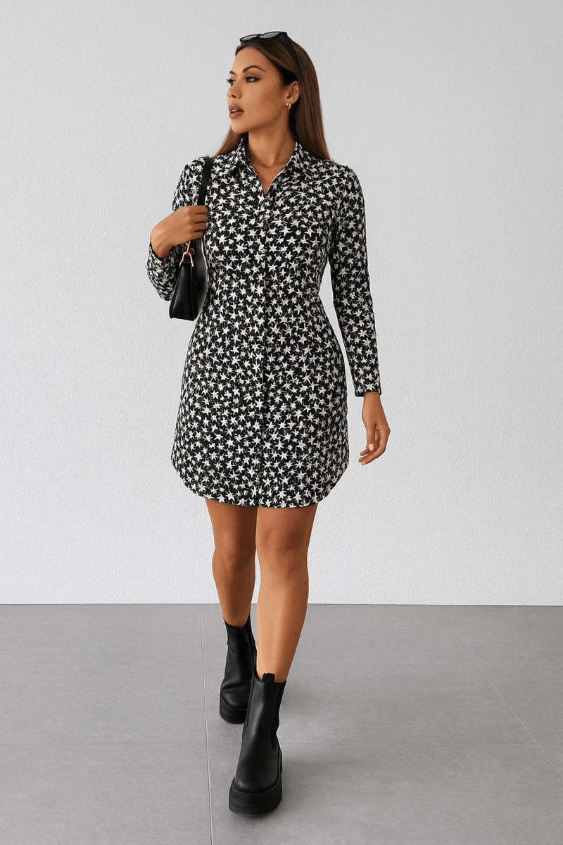 Kena Black Star Print Full Sleeves Shirt Dress - Image 2