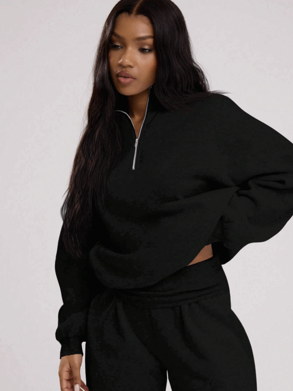 Rimmy Black Quarter Zipper Oversized Fleece Sweatshirt