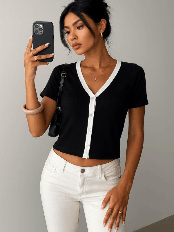 Raymi Black White Contrast Binding Crop Top