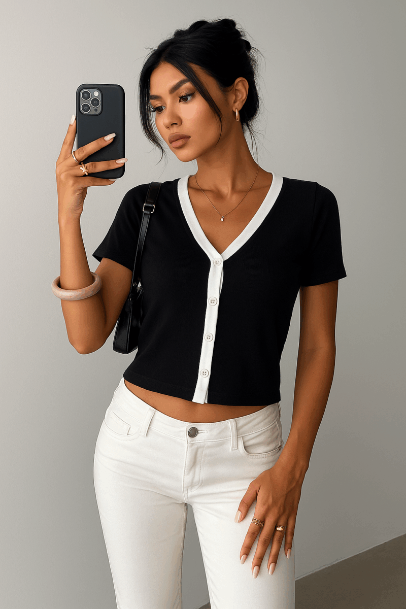 Raymi Black White Contrast Binding Crop Top