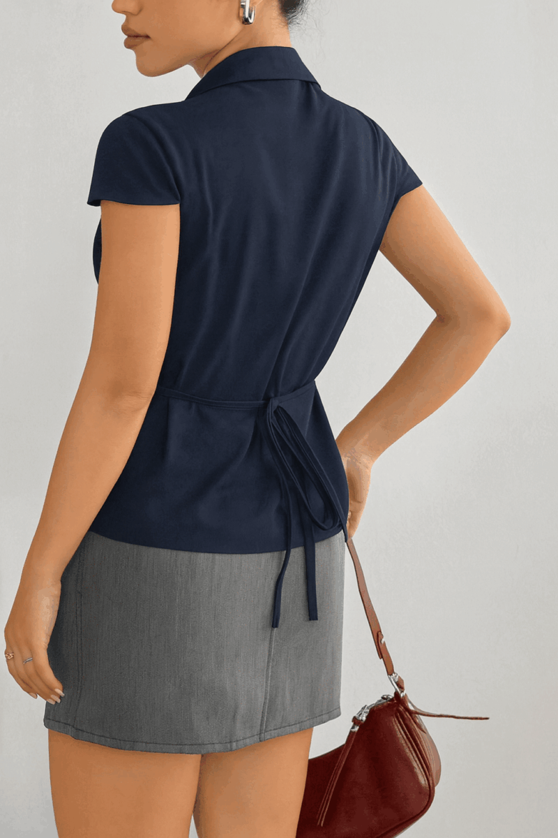 Ruby Navy Pleated Back Tie Cotton Shirt - Image 2