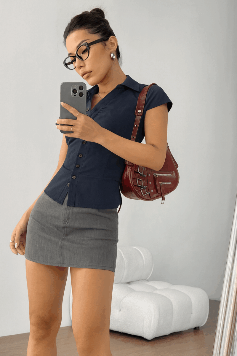 Ruby Navy Pleated Back Tie Cotton Shirt - Image 3