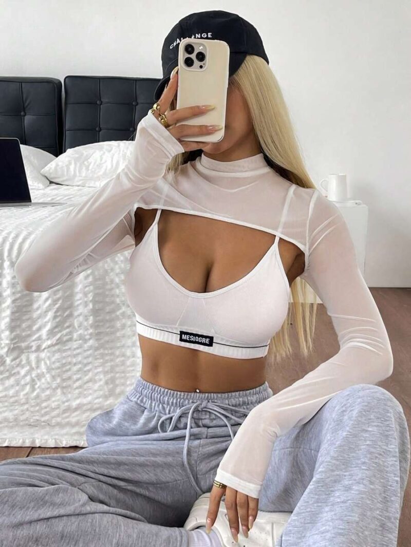 Niha Mesh Sleeves Crop Top In Black | White - Image 7