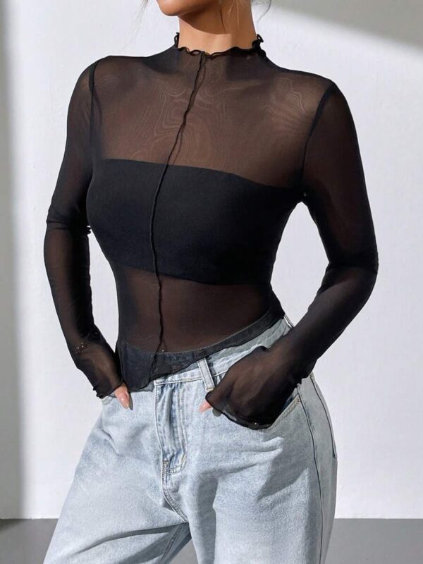 Ceri Black Uneven Hem Full Sleeves Mesh Top