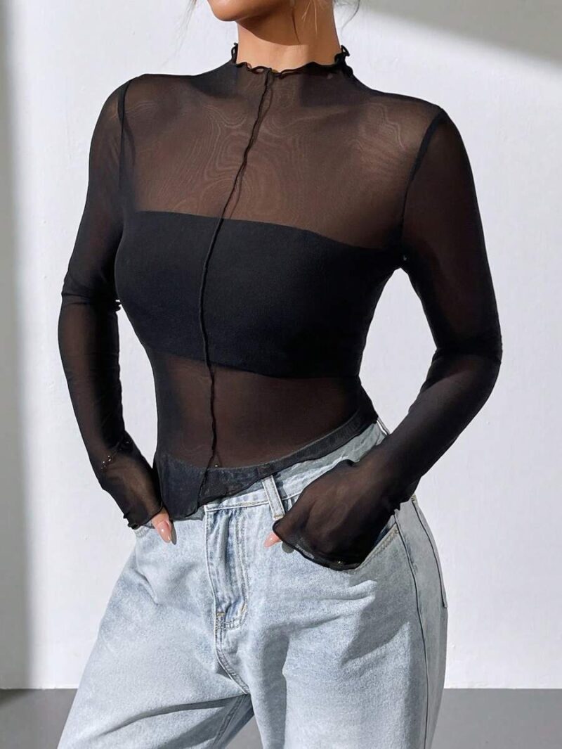 Ceri Black Uneven Hem Full Sleeves Mesh Top