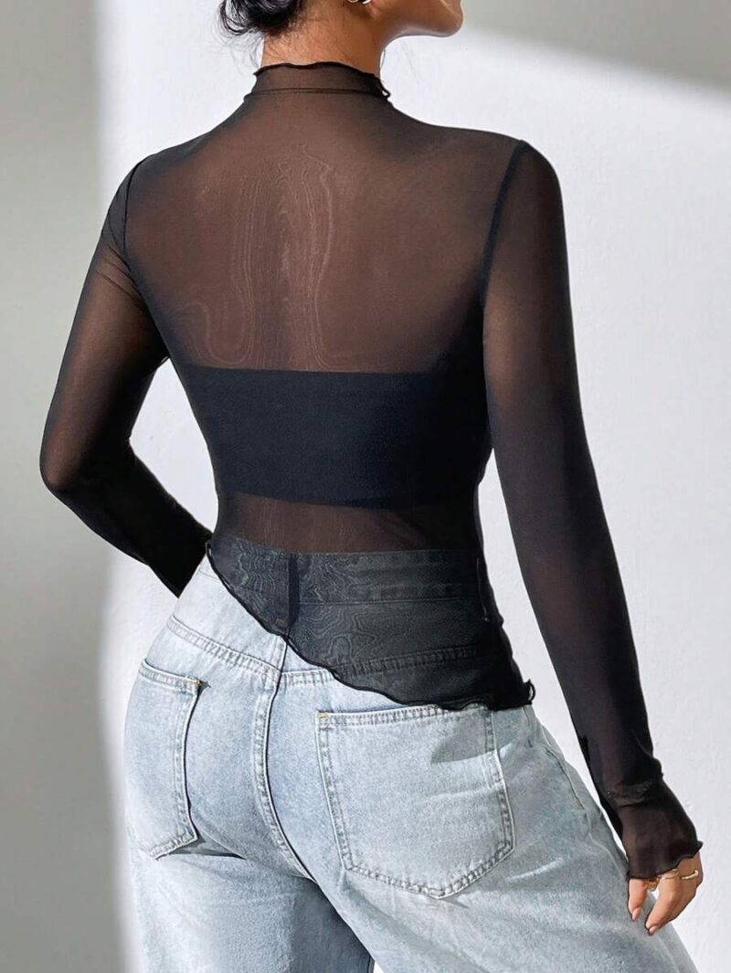 Ceri Black Uneven Hem Full Sleeves Mesh Top - Image 2