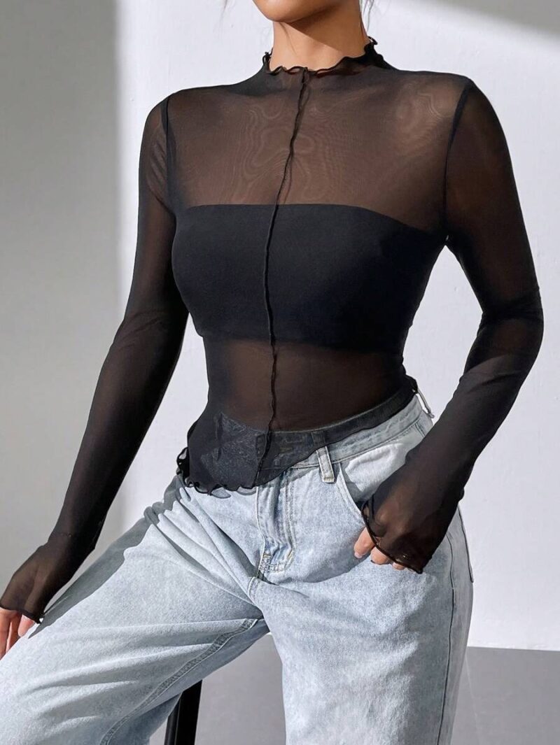 Ceri Black Uneven Hem Full Sleeves Mesh Top - Image 5