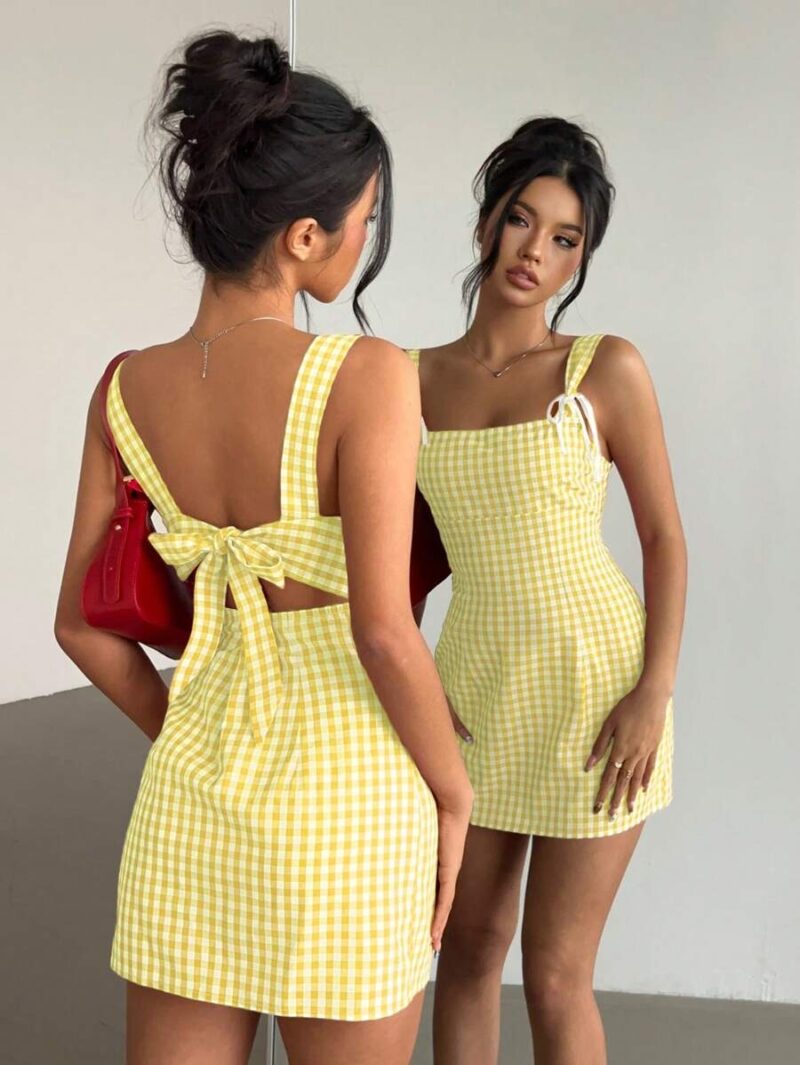Ariba Yellow Check Bow Tie Mini Dress