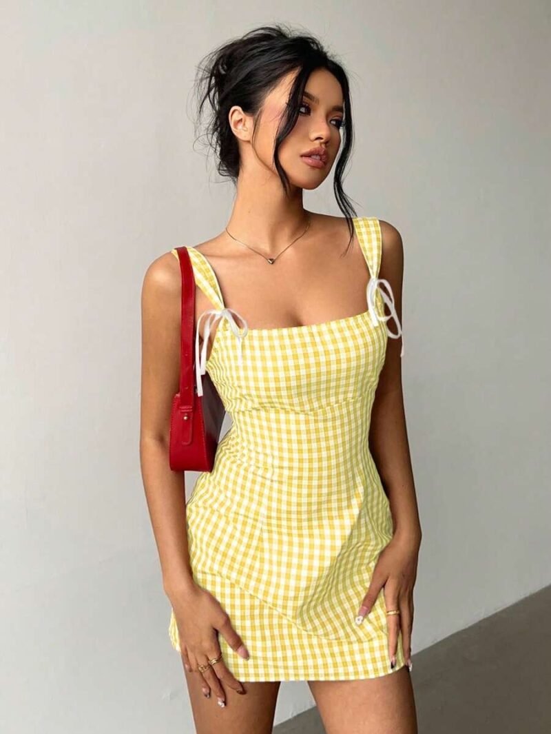 Ariba Yellow Check Bow Tie Mini Dress - Image 2
