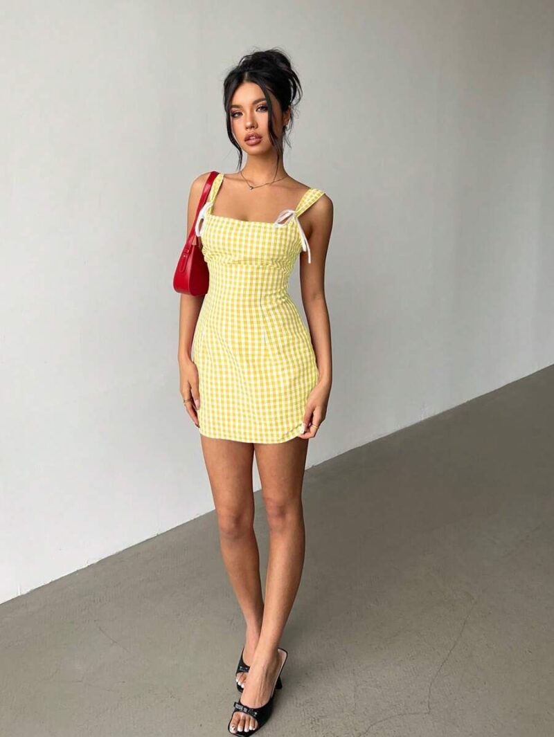 Ariba Yellow Check Bow Tie Mini Dress - Image 3