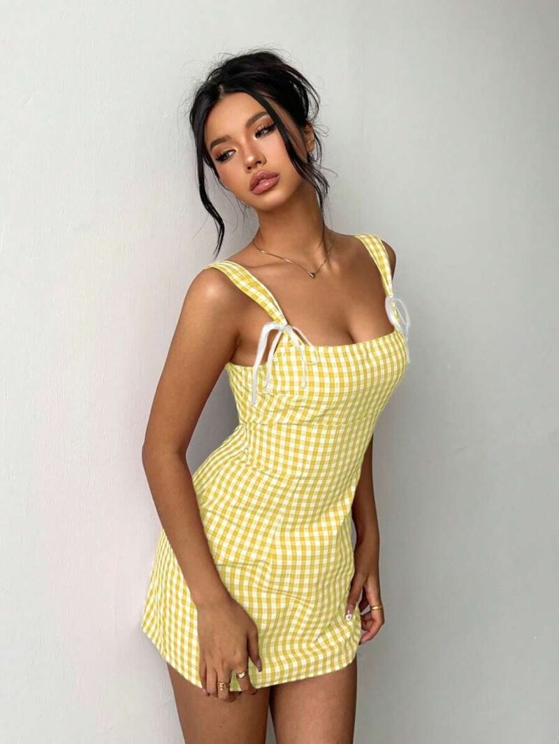 Ariba Yellow Check Bow Tie Mini Dress - Image 4