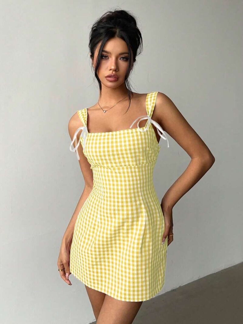 Ariba Yellow Check Bow Tie Mini Dress - Image 5