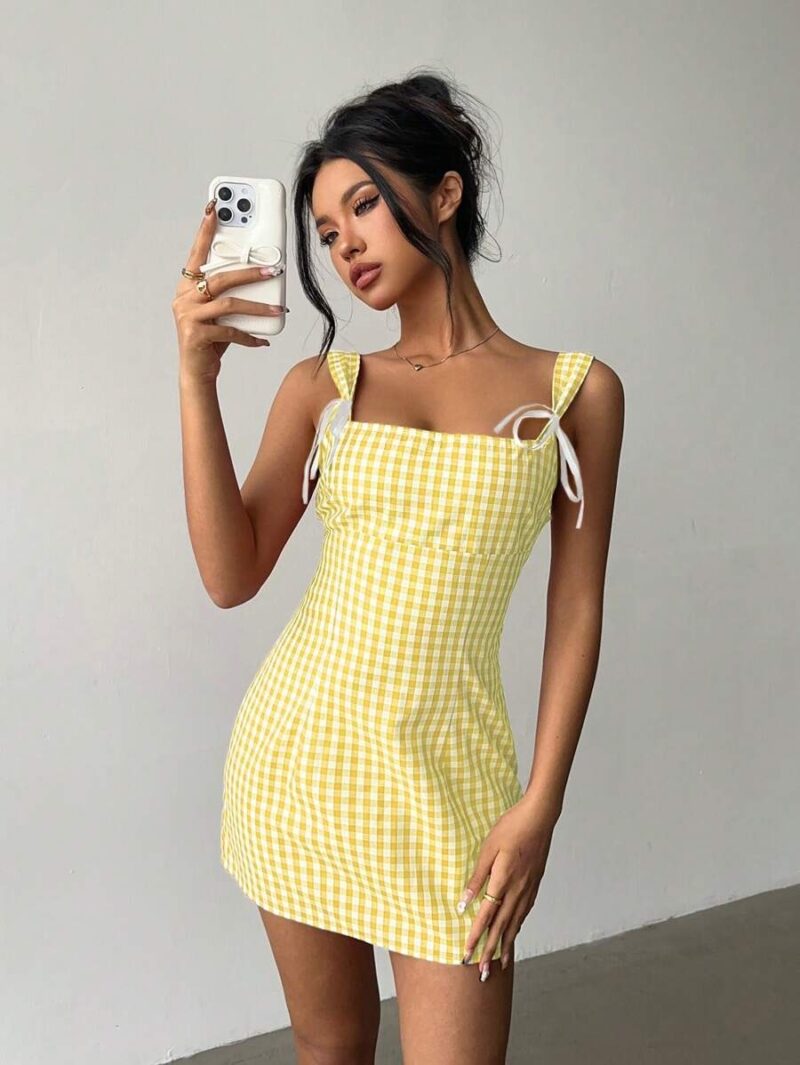 Ariba Yellow Check Bow Tie Mini Dress - Image 6