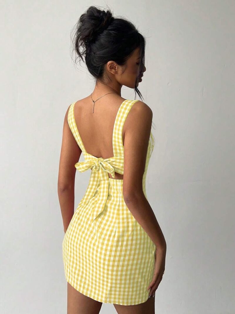 Ariba Yellow Check Bow Tie Mini Dress - Image 7