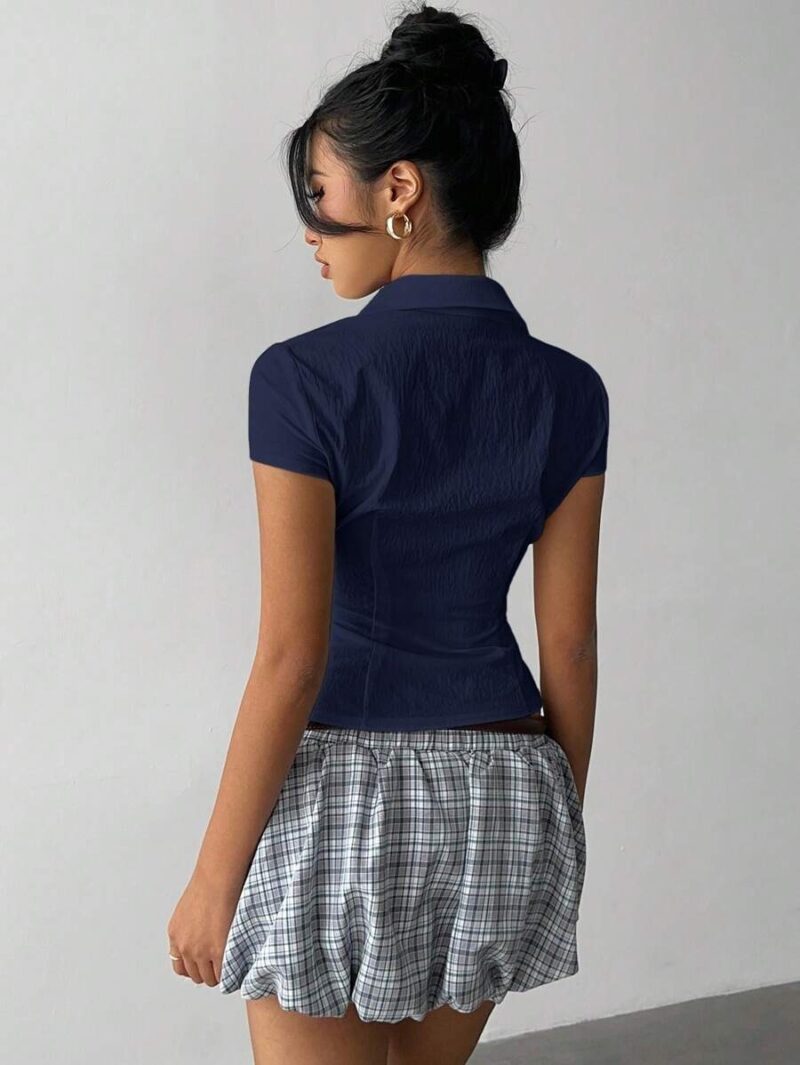 Neeza Navy Blue Short Sleeves Pleated Cotton Shirt - Image 3