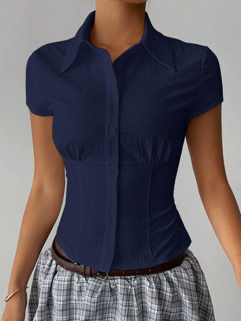 Neeza Navy Blue Short Sleeves Pleated Cotton Shirt - Image 7