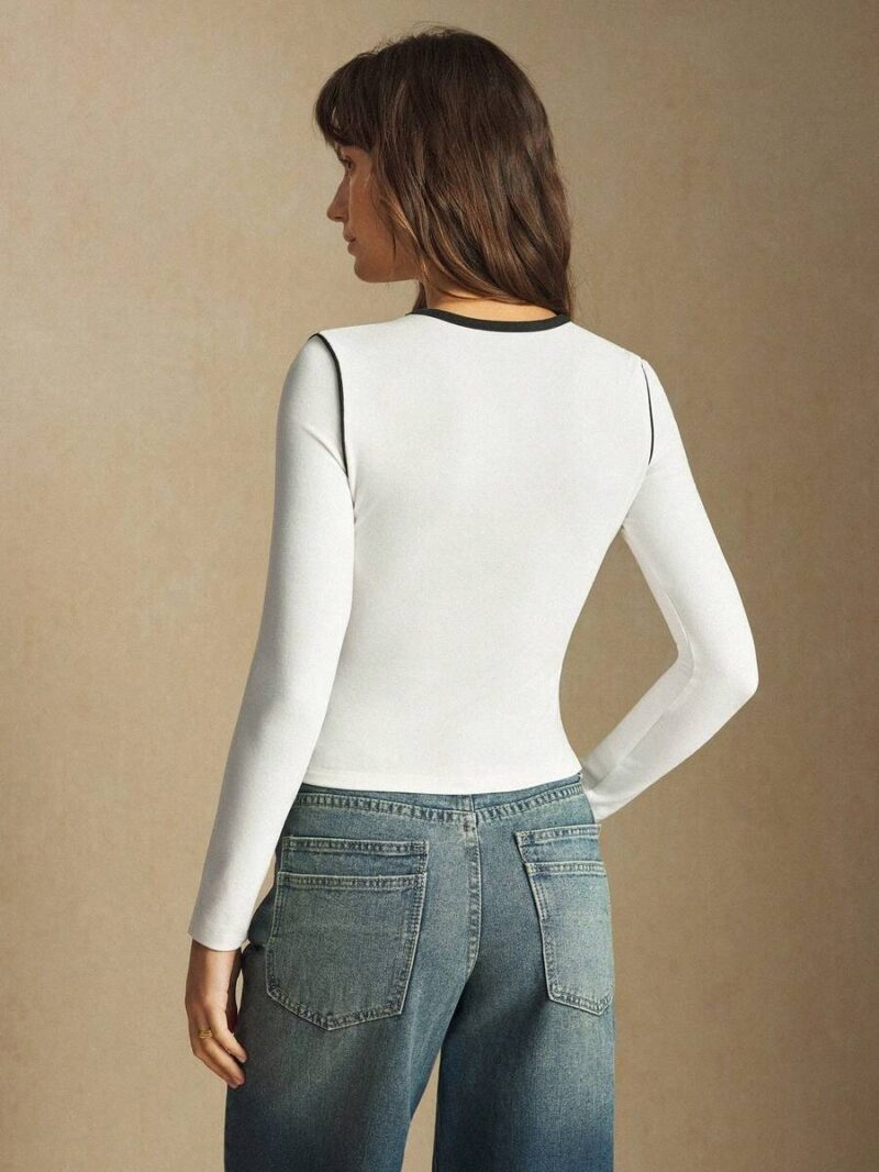 Naye White Contrast Binding Full Sleeves Crop Top - Image 4
