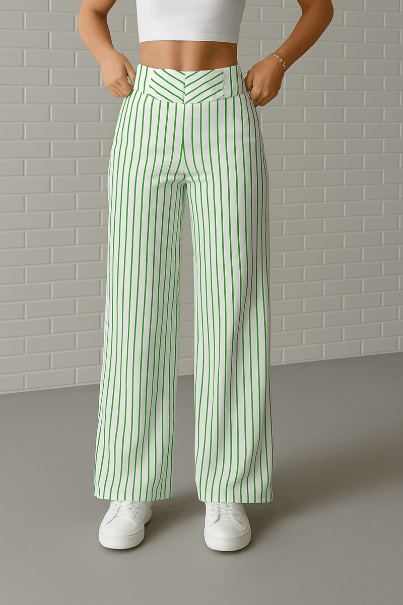 Beeny Green Stripes Cotton Tailored Trousers