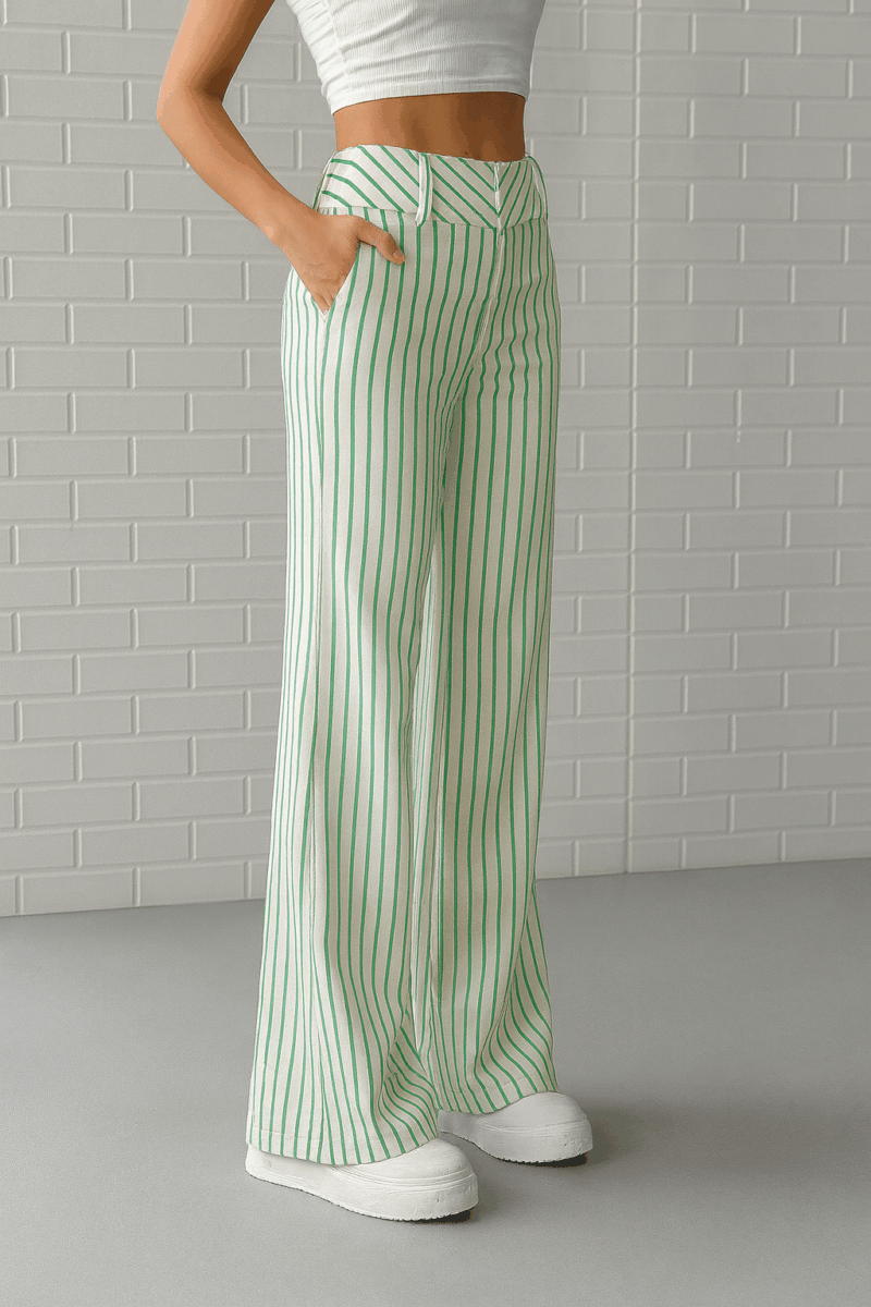 Beeny Green Stripes Cotton Tailored Trousers - Image 2