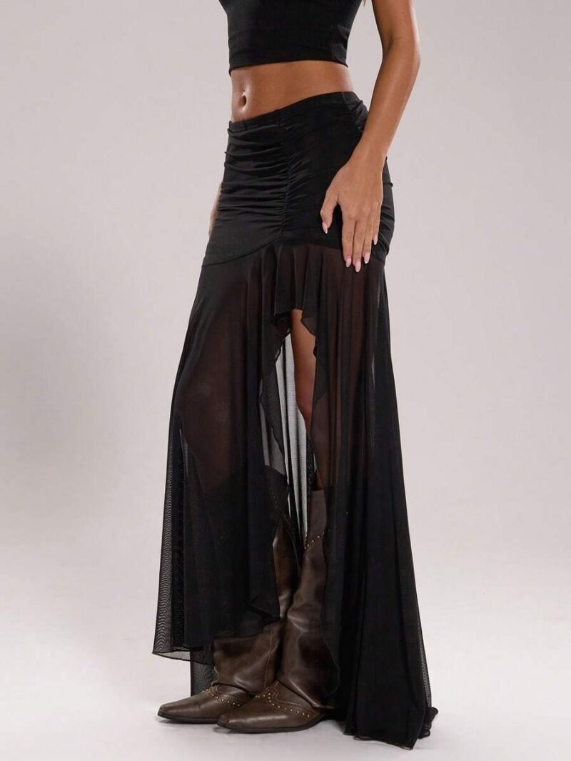 Ryana Black Side Slit Mesh Skirt With Lining - Image 3