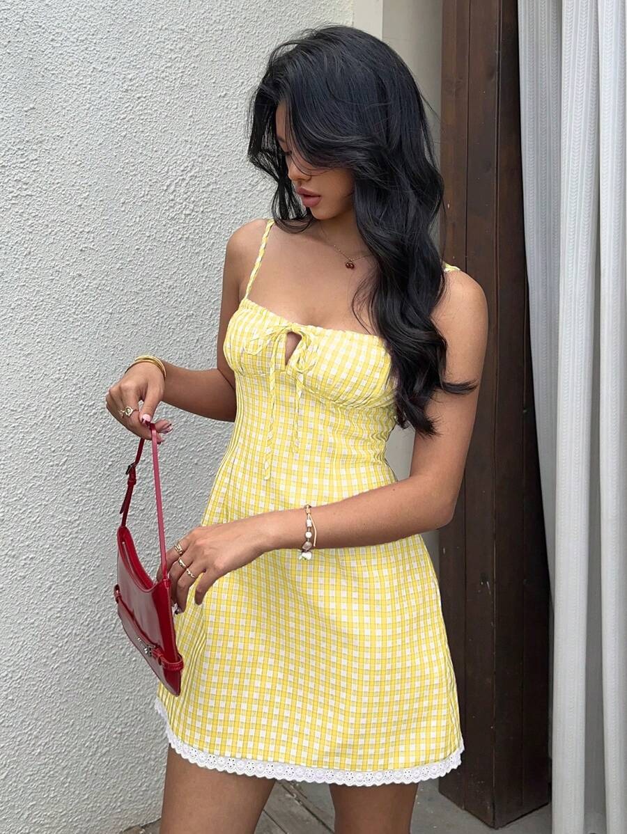 Xina Yellow Check Lace Cami Dress