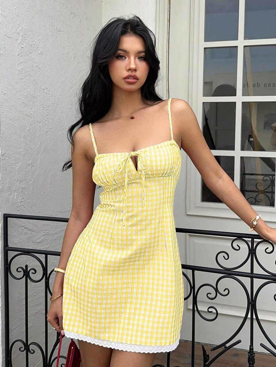 Xina Yellow Check Lace Cami Dress - Image 3