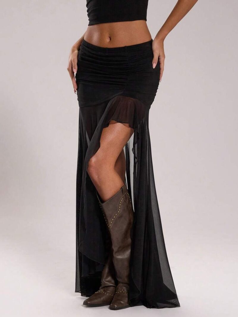 Ryana Black Side Slit Mesh Skirt With Lining - Image 2