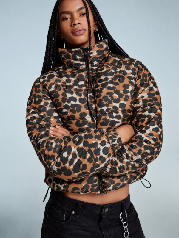 Vani Leopard Print High Neck Full Sleeves Puffer Jacket
