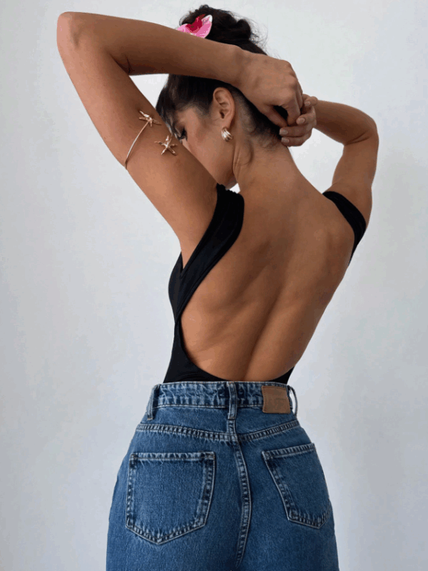 Nilina Black Off Shoulder Backless Bodysuit