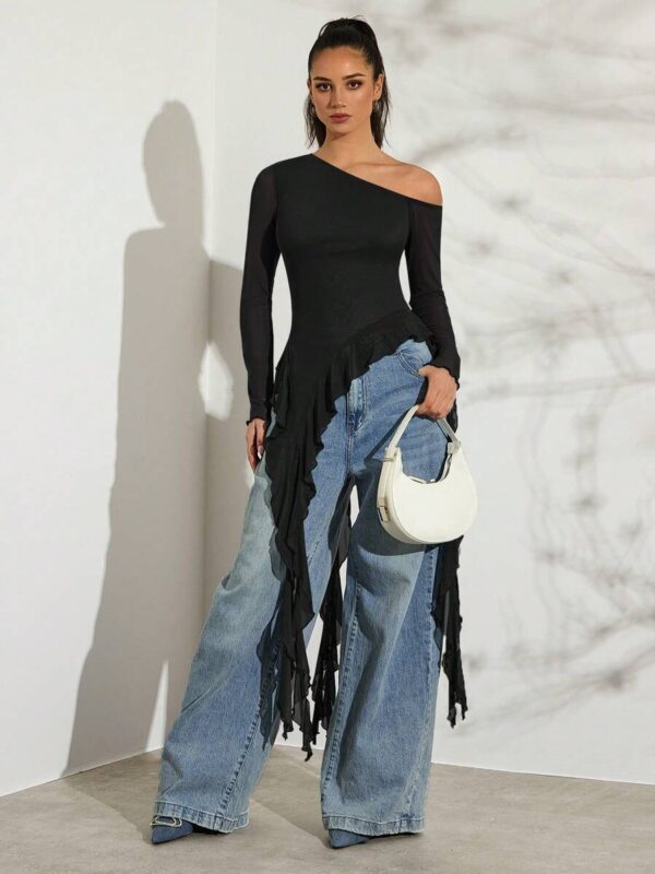 Cian Black Full Sleeves Flared Mesh Top