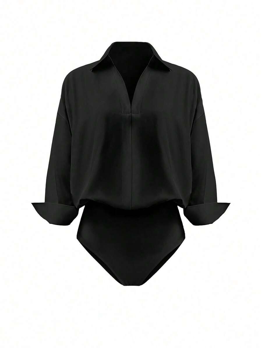 Mina Shirt Bodysuit in Black | White