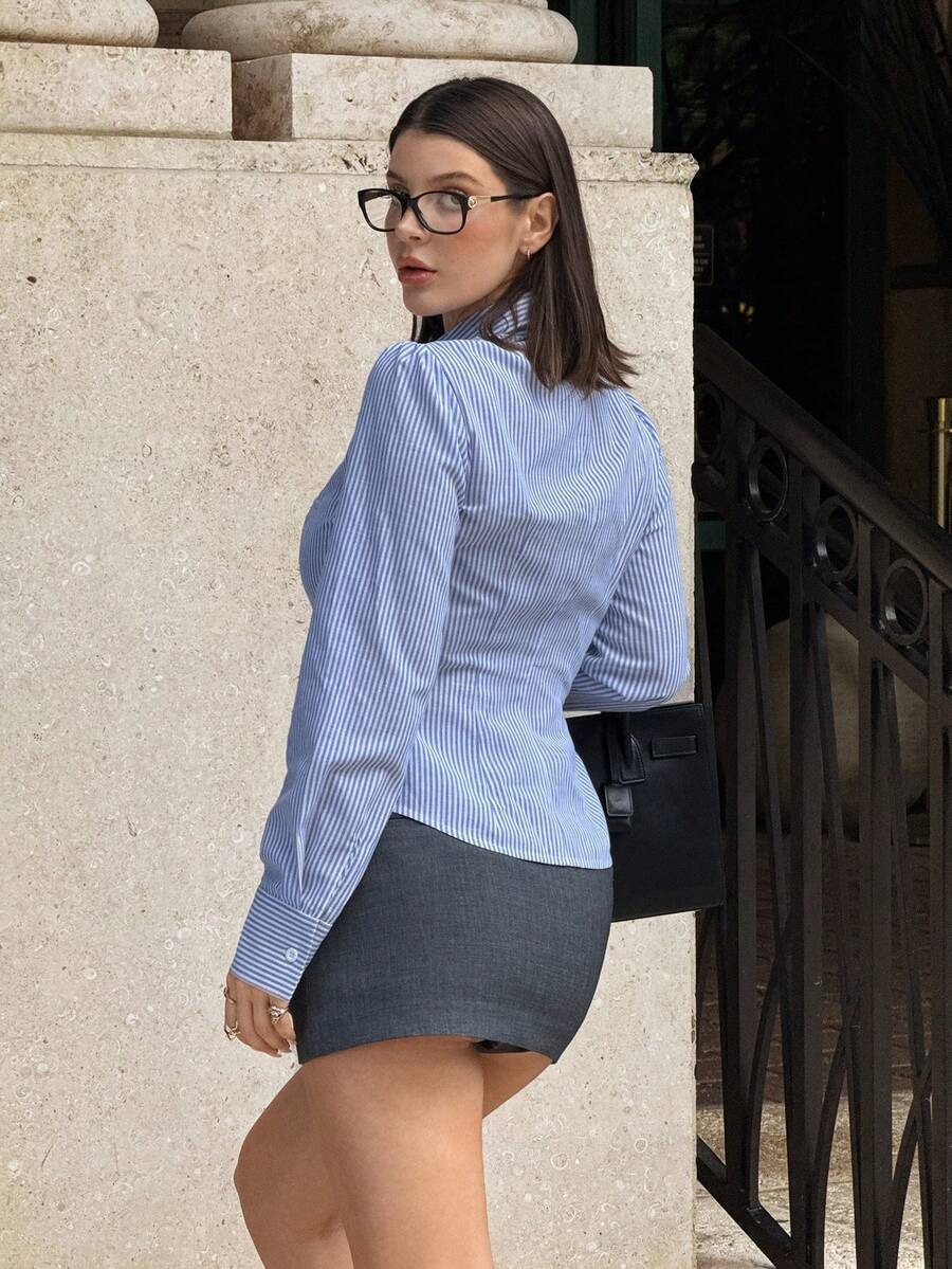 Viola Blue Stripes Ruched Cotton Shirt - Image 3