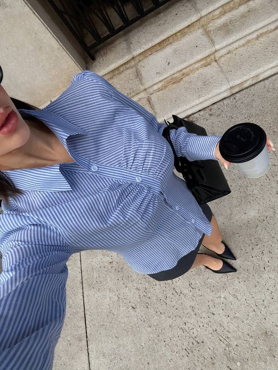 Viola Blue Stripes Ruched Cotton Shirt - Image 2