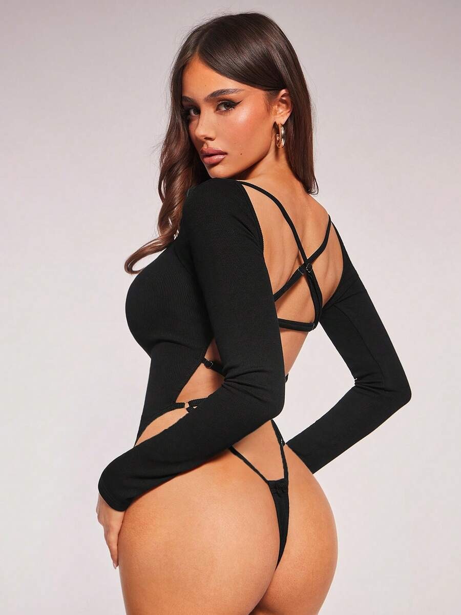 Giovani Black Back Straps Full Sleeves Bodysuit - Image 3