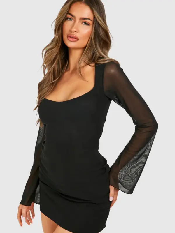 Kylie Black Flared Full Sleeves Mini Dress