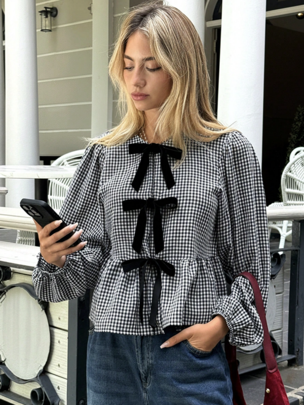 Beny Black White Check Full Sleeves Bow Top