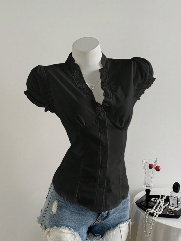 Leeka Black Ruffle Neck Short Sleeved Shirt Top