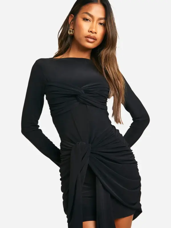 Ray Black Front Tie Bow Full Sleeves Mini Dress