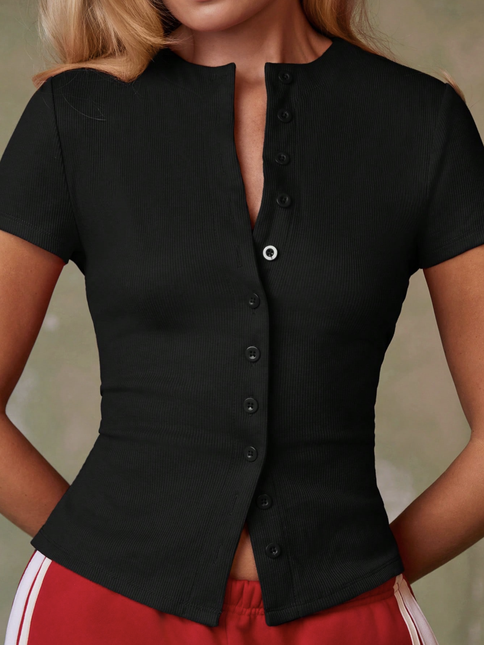 Denine Black Round Neck Buttoned Crop Top - Image 5