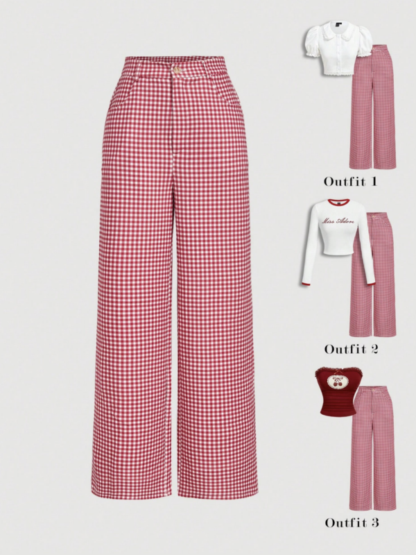 Gillian Red Check Cotton Straight Fit Trousers
