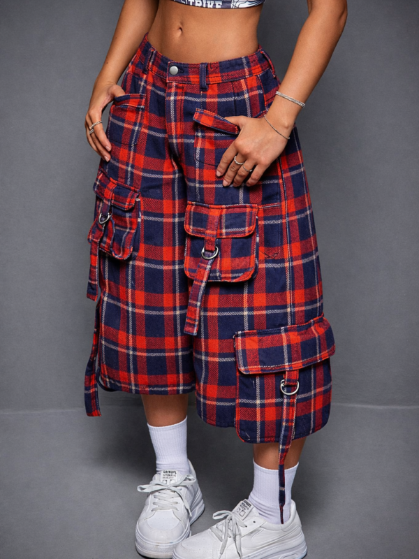 Kacey Red Blue Check Oversized Cargo Shorts
