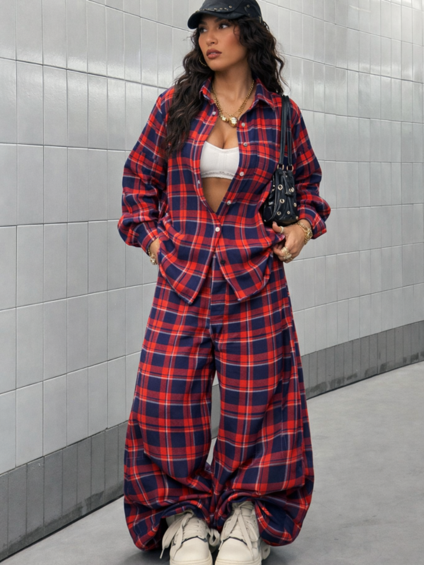 Hayley Red Blue Check Cotton Relaxed Fit Shirt & Pant Coord Set