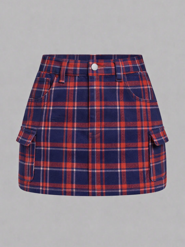 Jenna Red Blue Check Cotton Cargo Skirt
