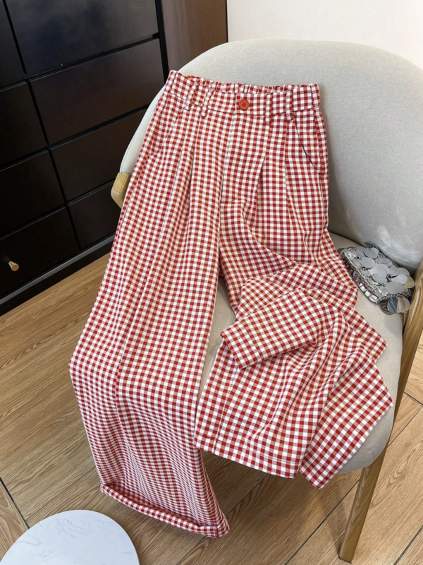 Rinny Red White Check Flared Leg Cotton Pants