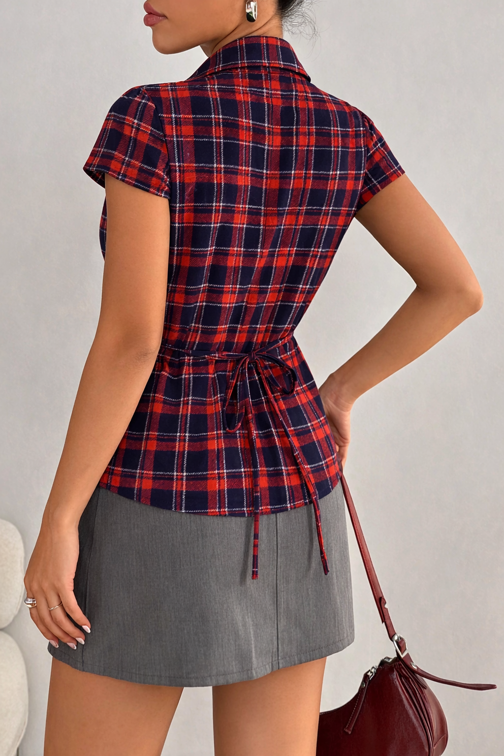 Dexy Red Blue Check Back Tie Pleated Cotton Shirt - Image 2