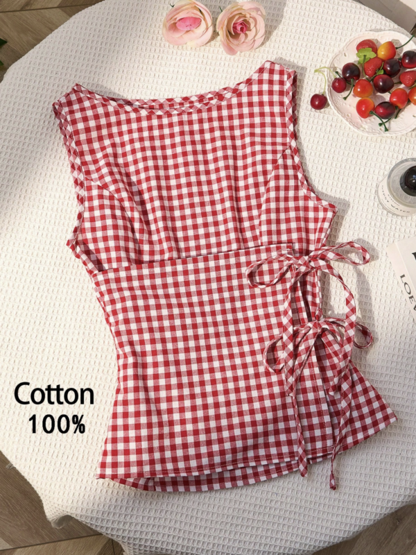Haizen Red Check Tie Sleeveless Top