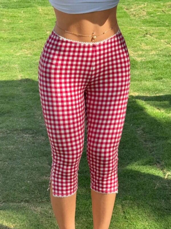 Bri Red White Check Contrast Lace Short Pants
