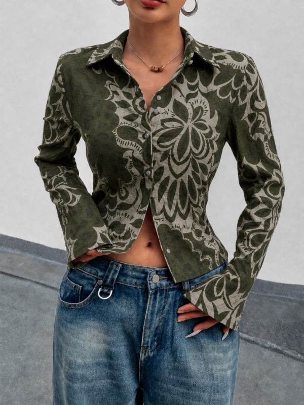 Jina Green Floral Pleated Full Sleeves Shirt