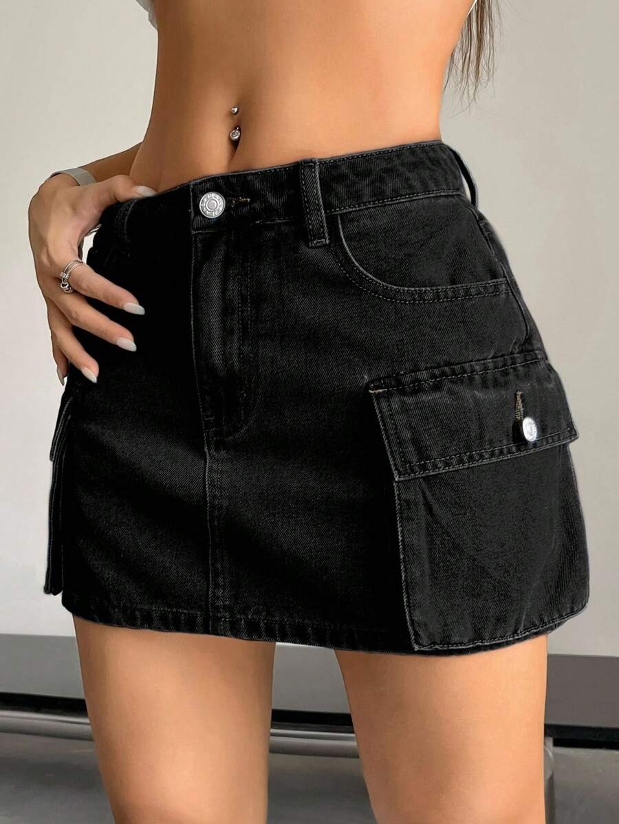 Nina Black Cotton Cargo Pockets Mini Skirt