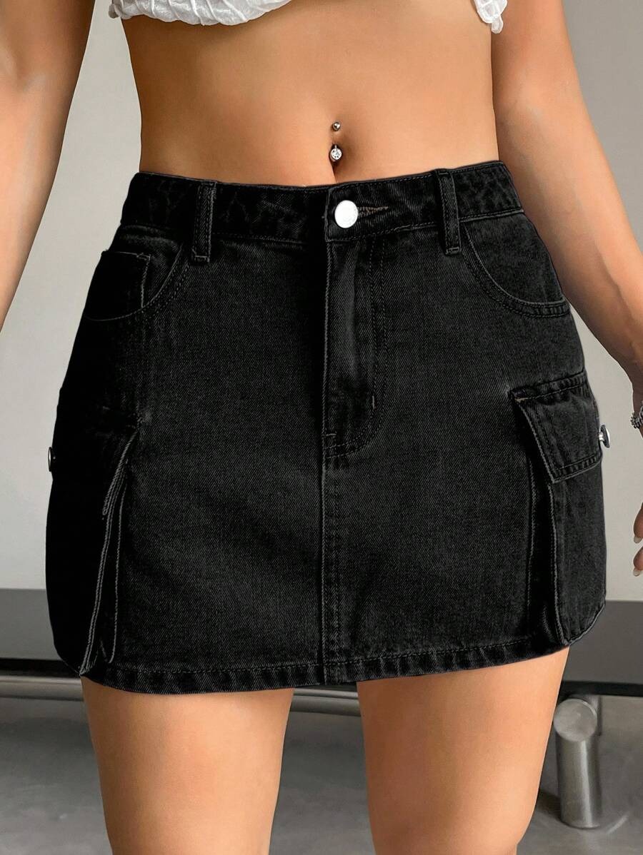 Nina Black Cotton Cargo Pockets Mini Skirt - Image 5